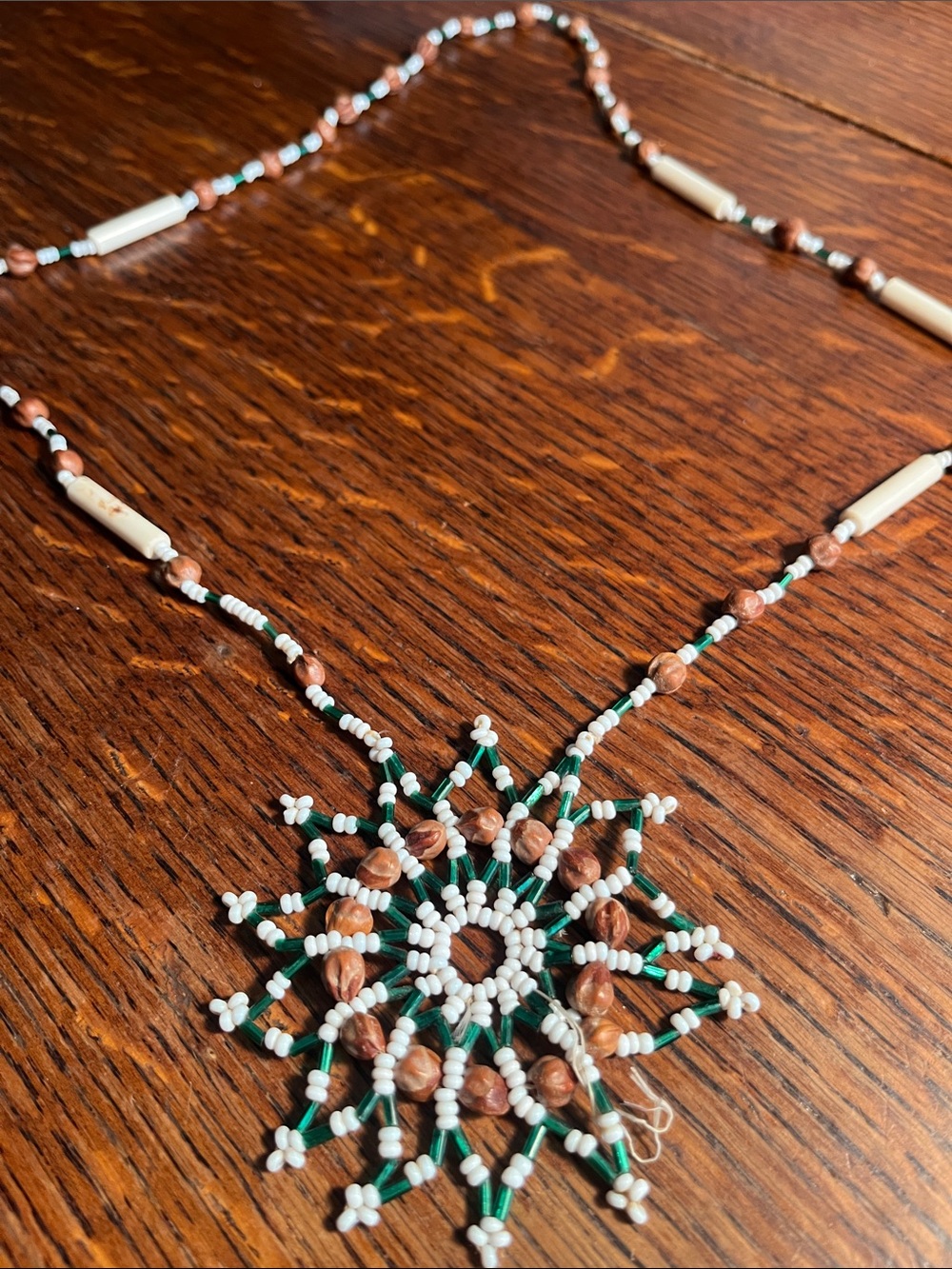 Handmade White, Green & Brown Beaded Starburst Necklace 24”